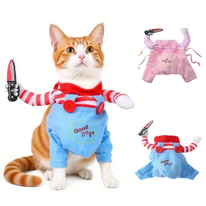 Funny Halloween Pet Costumes Cute Kitten Holiday Party Dressed Up Clothes Hold Knife Standing Apparel for Small Large Dogs Cats